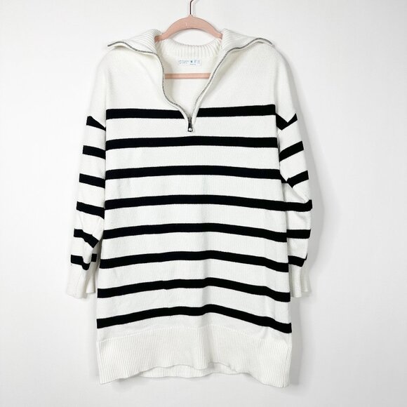 2/$30 Primark Striped Henley Funnel Neck Sweater Dress Medium White #A0362 TRB2 - Picture 1 of 6